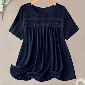 Women's Swiss dot Navy Blue crochet trim Top 2X 22 24 Plus